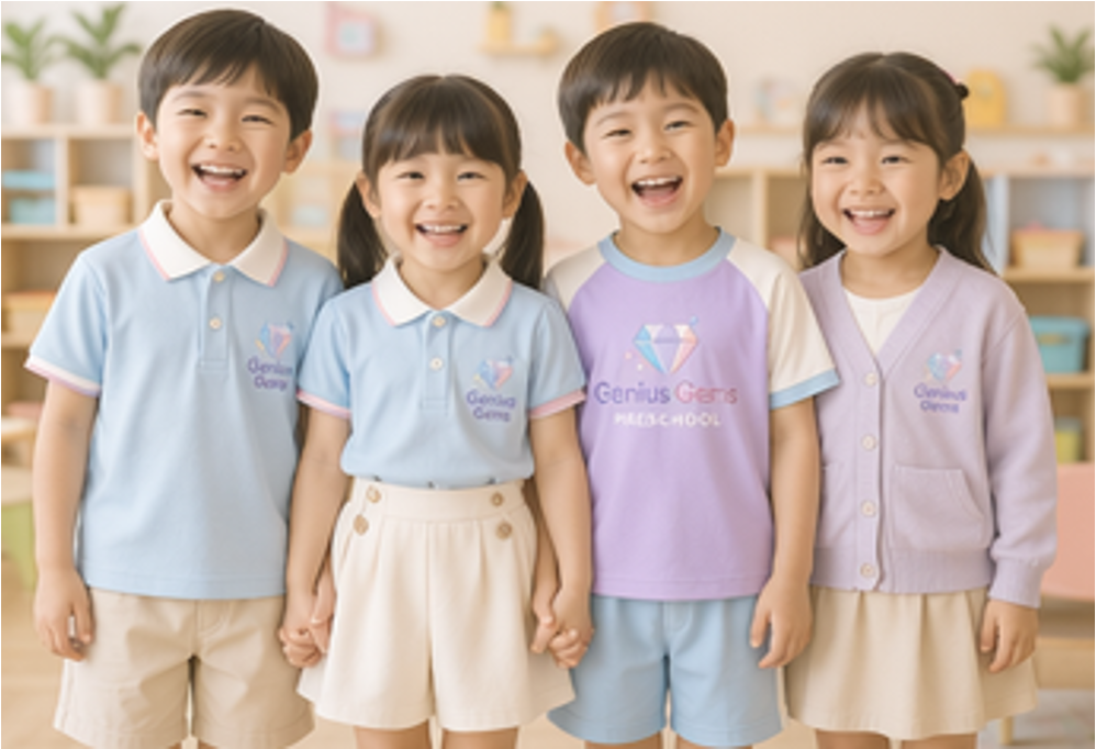 Four happy children learning and playing together at Genius Gems Childcare Centre in Changi, Singapore
